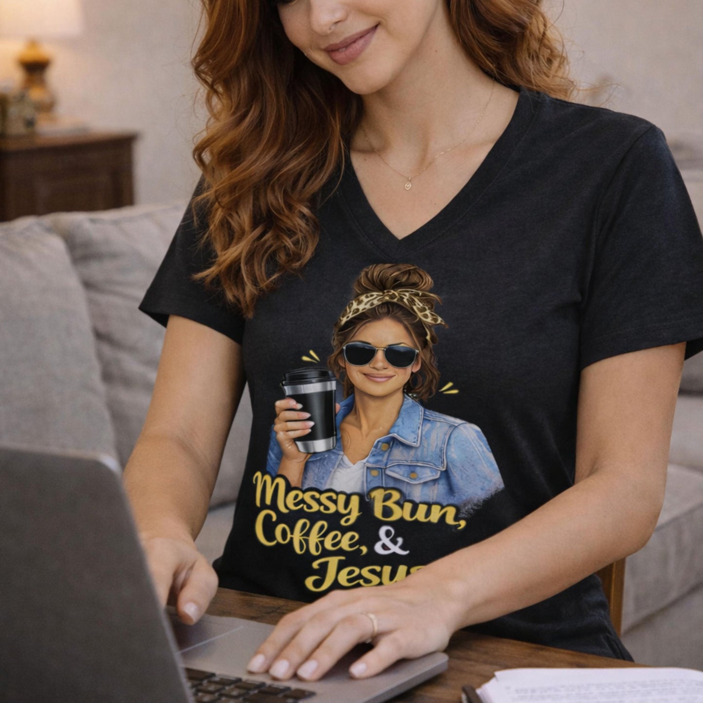 Messy Bun Coffee & Jesus V-Neck Tee | Christian Faith Graphic Shirt