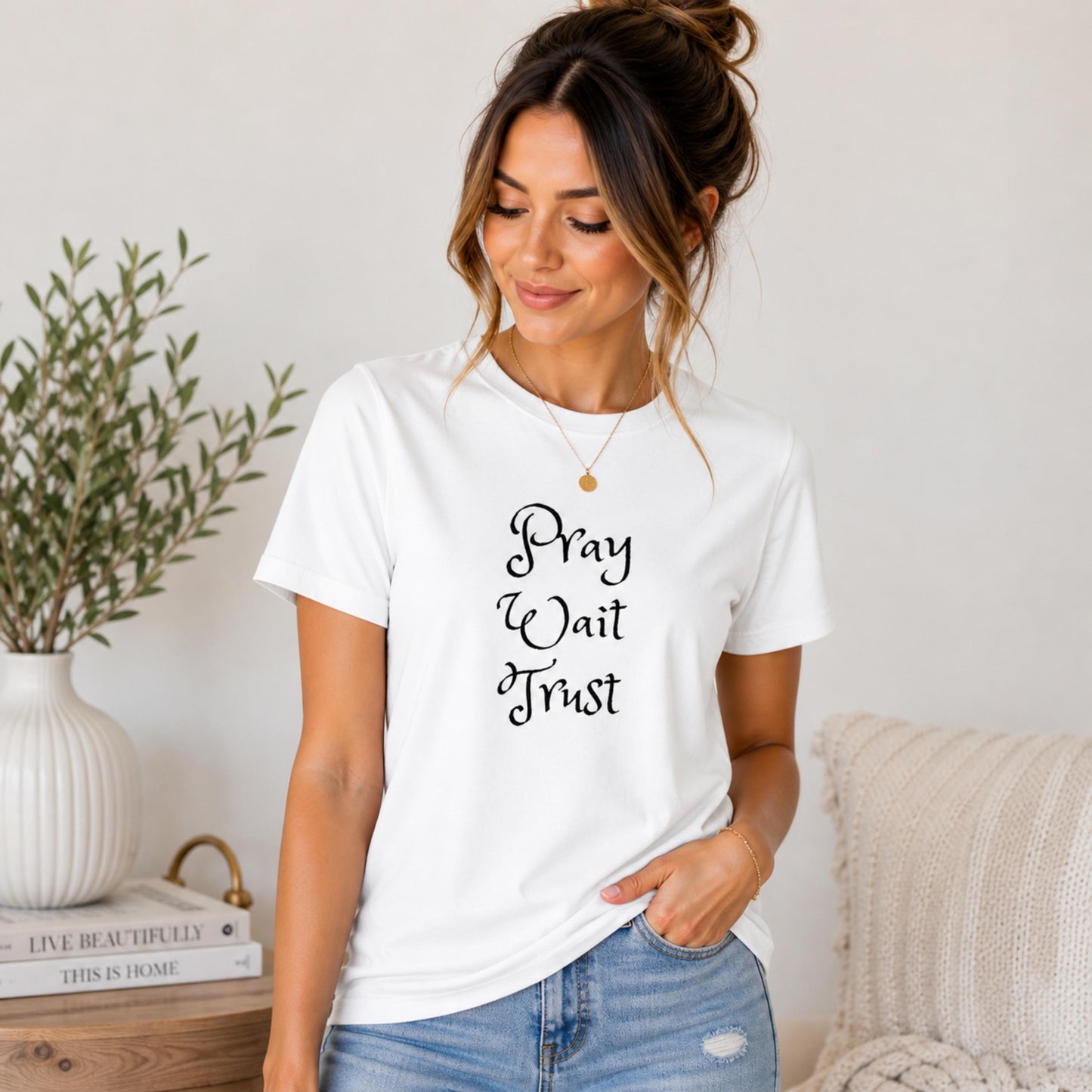 Pray Wait Trust T-Shirt | Faith Script Typography