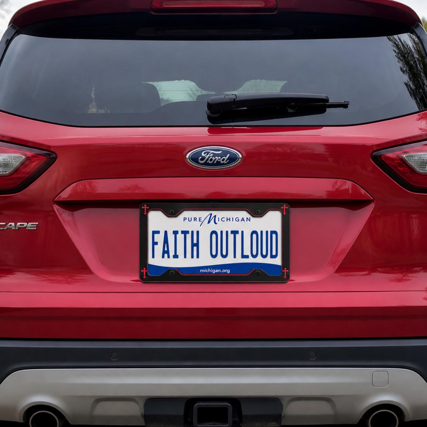 Black Metal License Plate Frame with Red Corner Crosses | Religious Car Frame