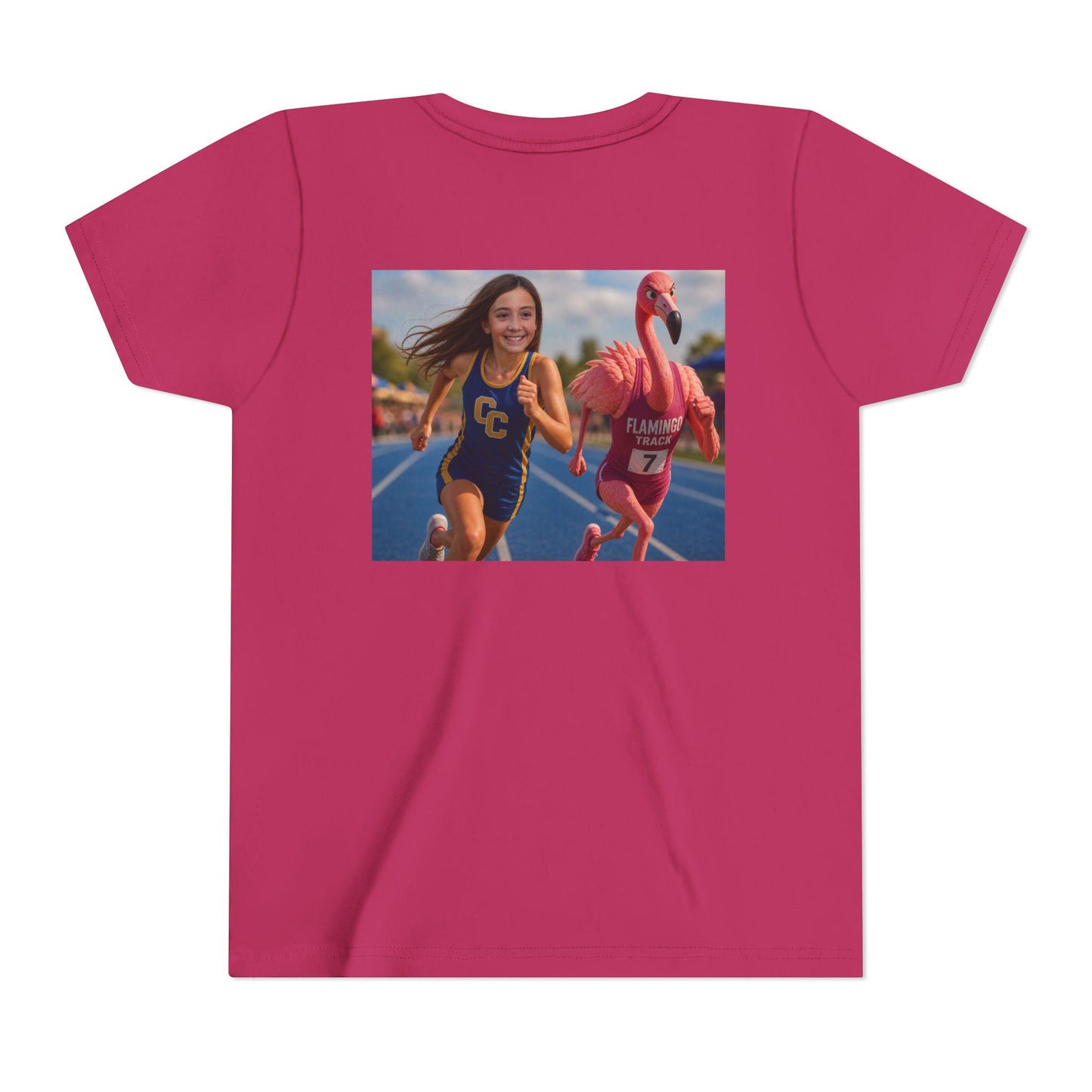 Flamingo Track Runner Youth Tee | Sports Mascot Racing Design