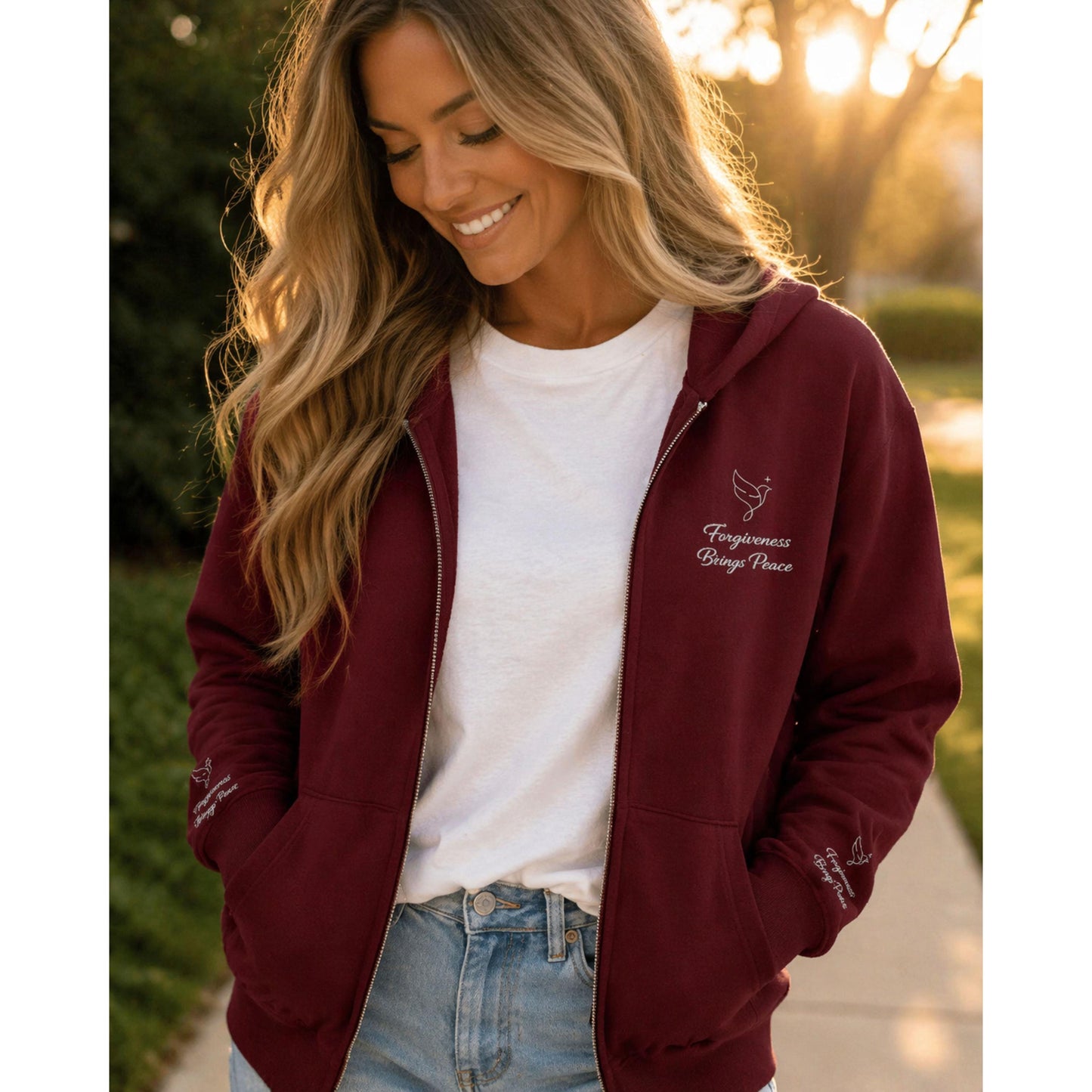 Christian Zip Up Hoodie Embroidered | Forgiveness Brings Peace Sweatshirt | Faith | Dove Cross Design | Inspirational Christian Apparel