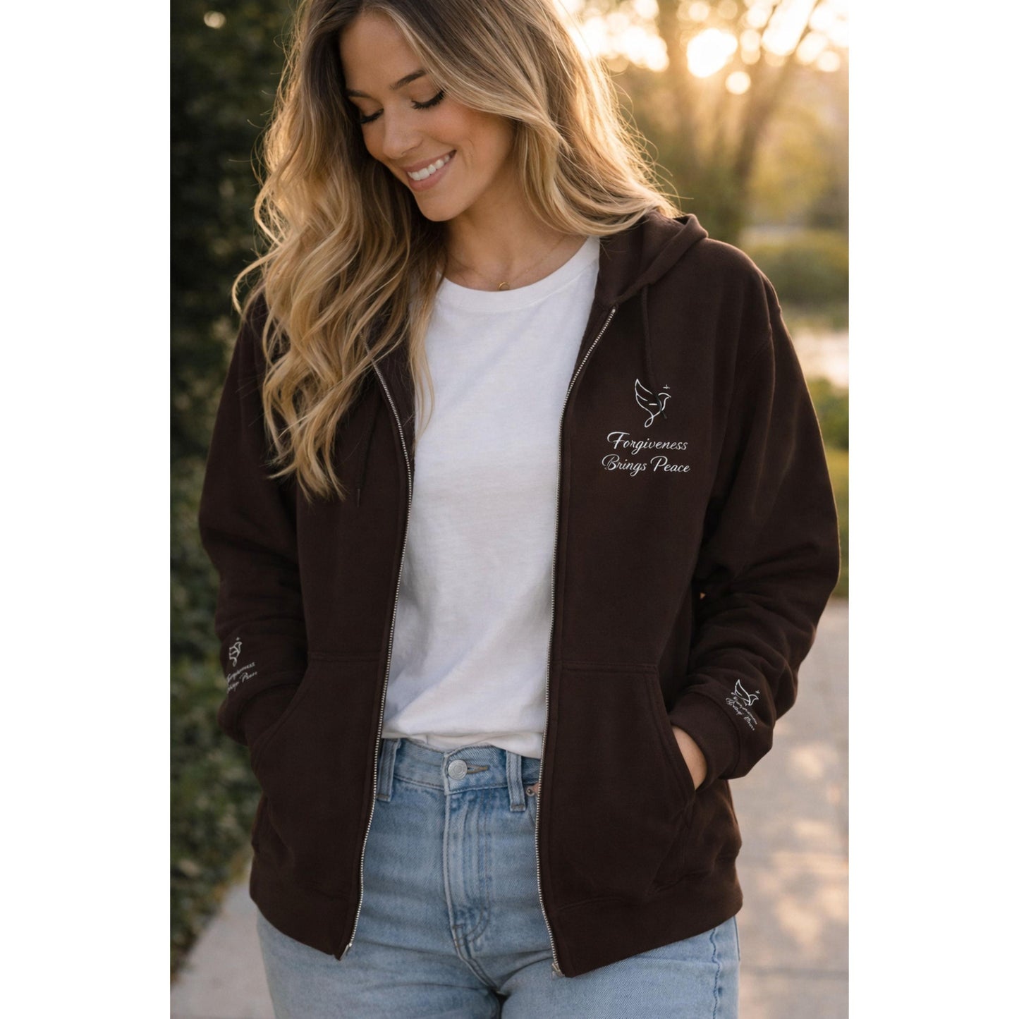 Christian Zip Up Hoodie Embroidered | Forgiveness Brings Peace Sweatshirt | Faith | Dove Cross Design | Inspirational Christian Apparel