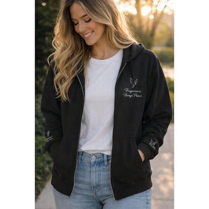 Christian Zip Up Hoodie Embroidered | Forgiveness Brings Peace Sweatshirt | Faith | Dove Cross Design | Inspirational Christian Apparel