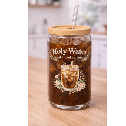 Iced Coffee Illustration Sipper Glass | 16oz Clear Tumbler with Straw