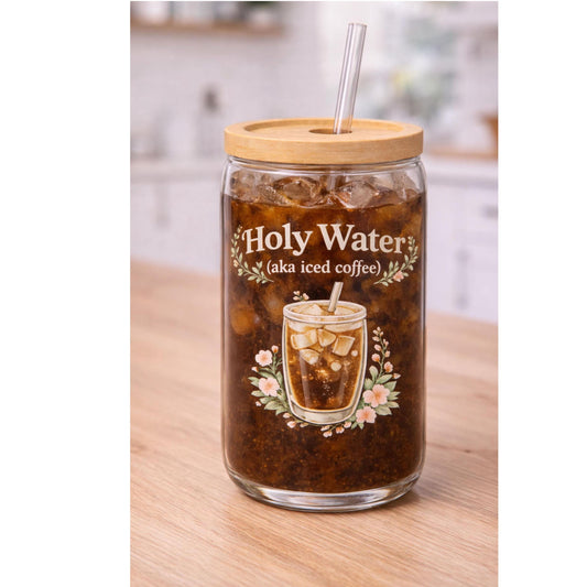 Iced Coffee Illustration Sipper Glass | 16oz Clear Tumbler with Straw