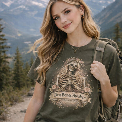 Dry Bones Awaken Skeleton Goddess T-Shirt | Skull Floral Tee