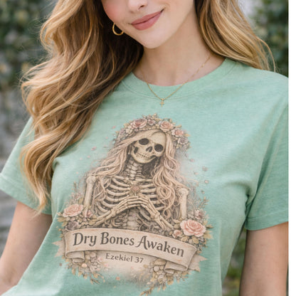 Dry Bones Awaken Skeleton Goddess T-Shirt | Skull Floral Tee