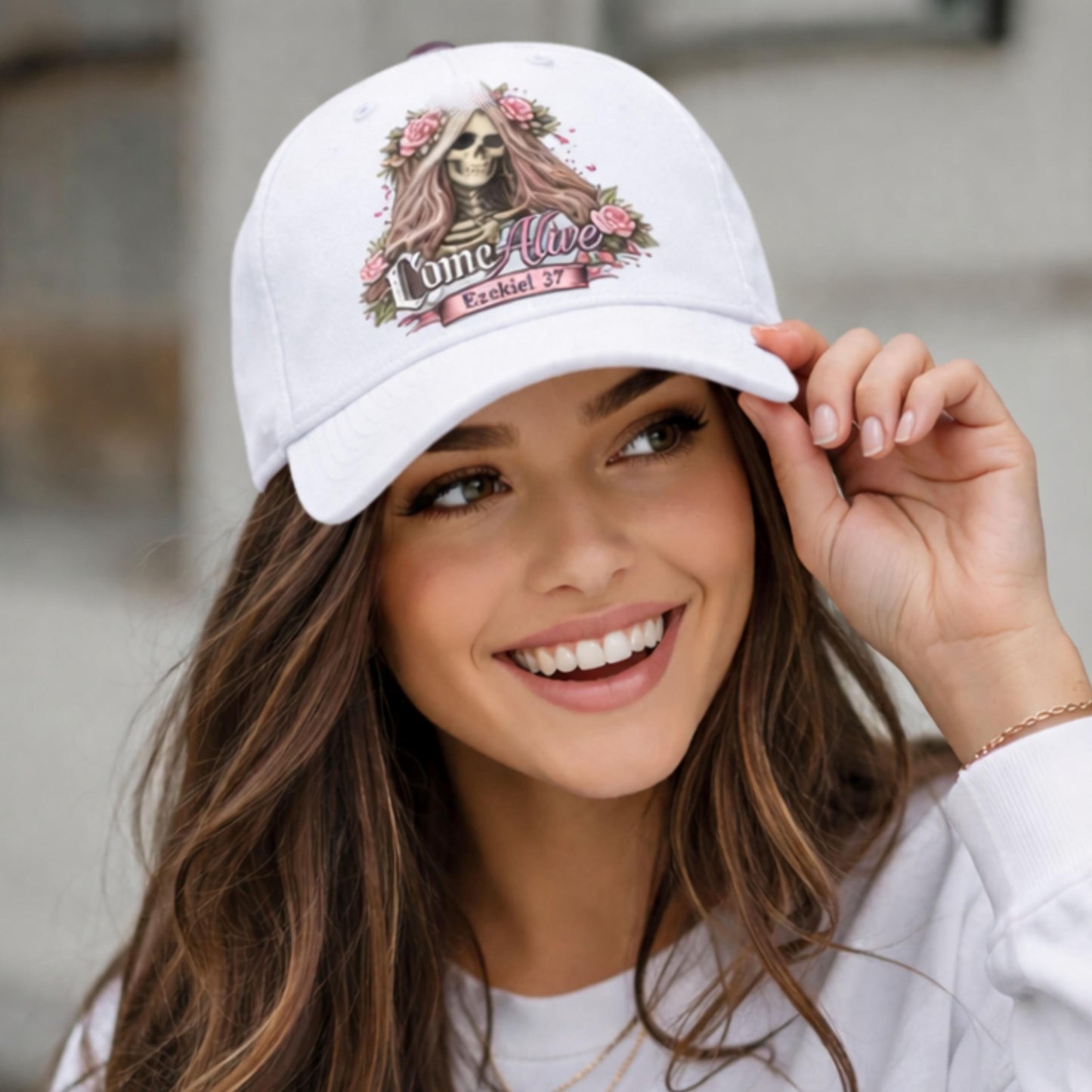 Skull with Flower Crown Baseball Cap | Come Alive script logo