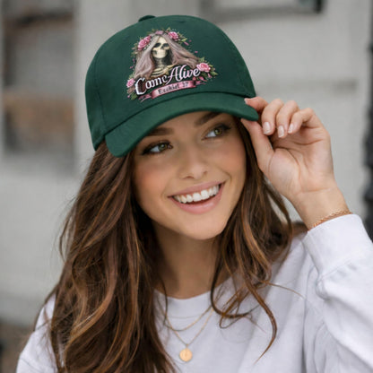 Skull with Flower Crown Baseball Cap | Come Alive script logo