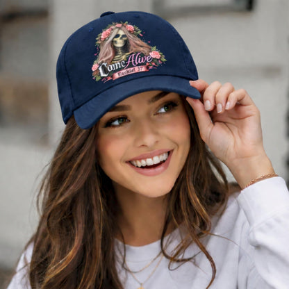Skull with Flower Crown Baseball Cap | Come Alive script logo