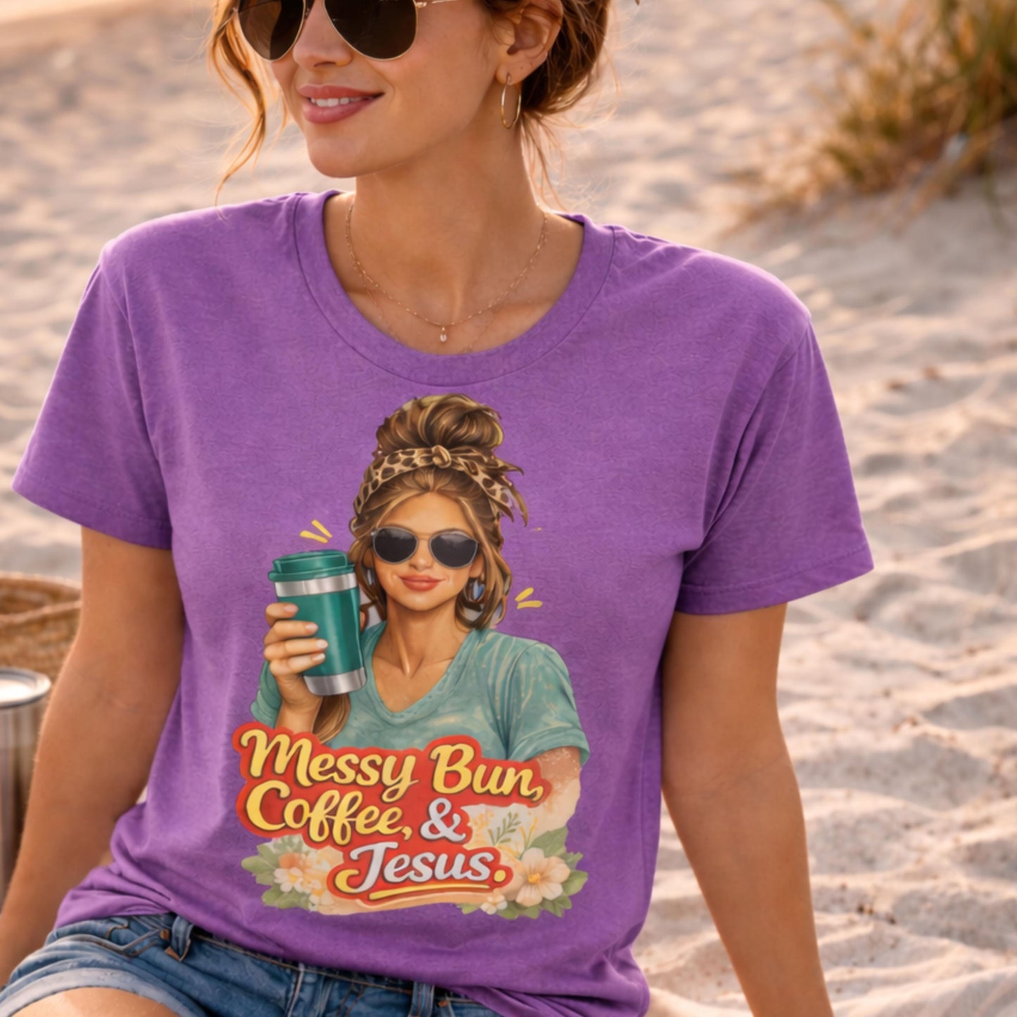 Messy Bun Coffee & Jesus T-Shirt | Christian Coffee Tee, Woman with Sunglasses Graphic