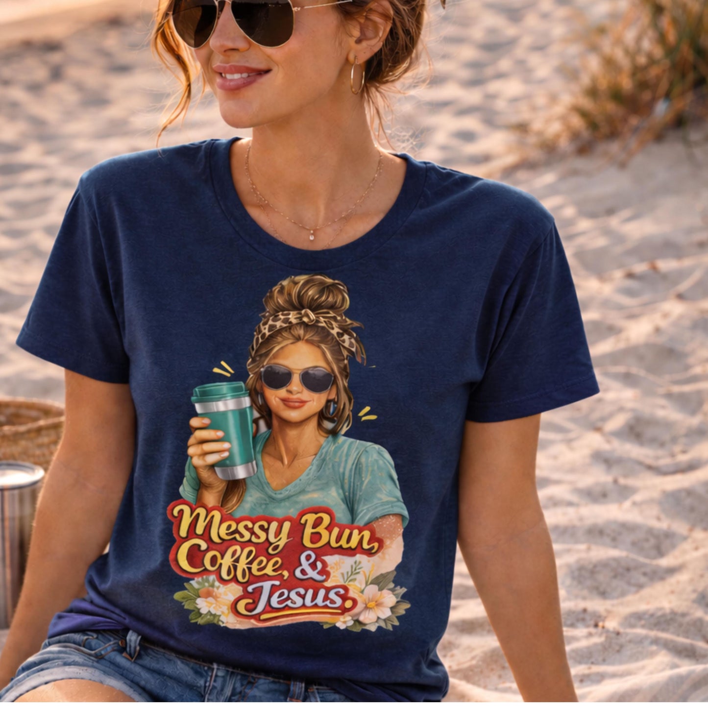 Messy Bun Coffee & Jesus T-Shirt | Christian Coffee Tee, Woman with Sunglasses Graphic