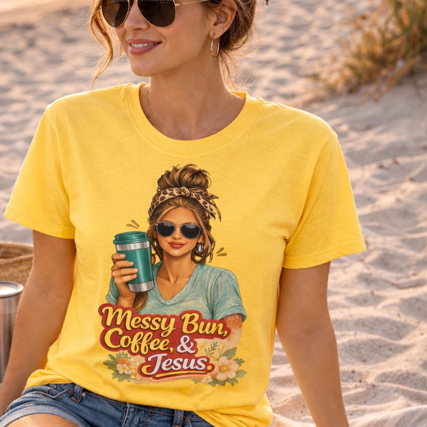 Messy Bun Coffee & Jesus T-Shirt | Christian Coffee Tee, Woman with Sunglasses Graphic