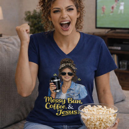 Messy Bun Coffee & Jesus V-Neck Tee | Christian Faith Graphic Shirt