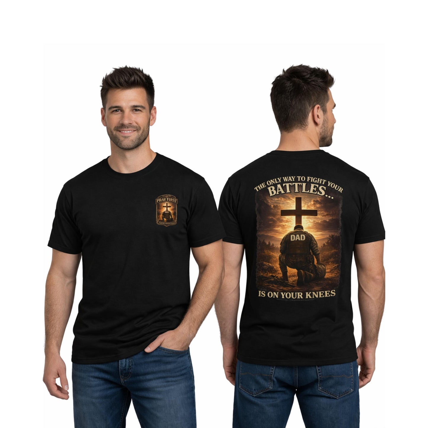 Praying Dad Cross design T-shirt | Faith Military, 'On Your Knees' back print