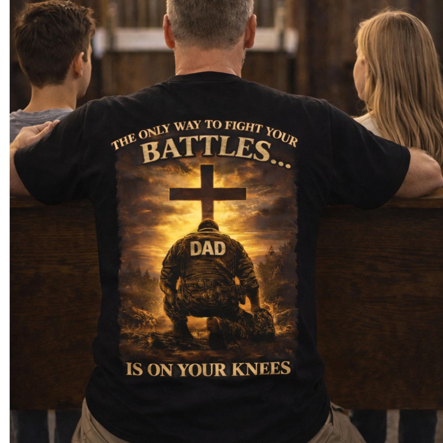 Praying Dad Cross design T-shirt | Faith Military, 'On Your Knees' back print
