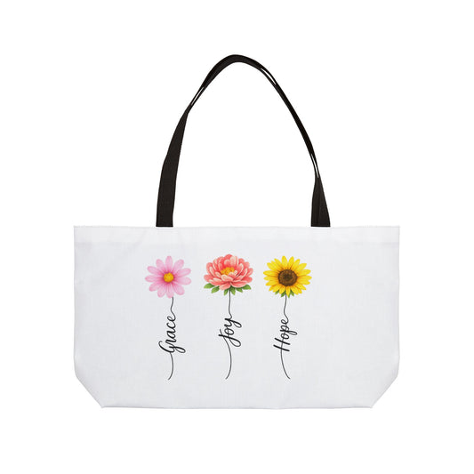 Grace Joy Hope floral trio Weekender Tote Bag | flower stems script