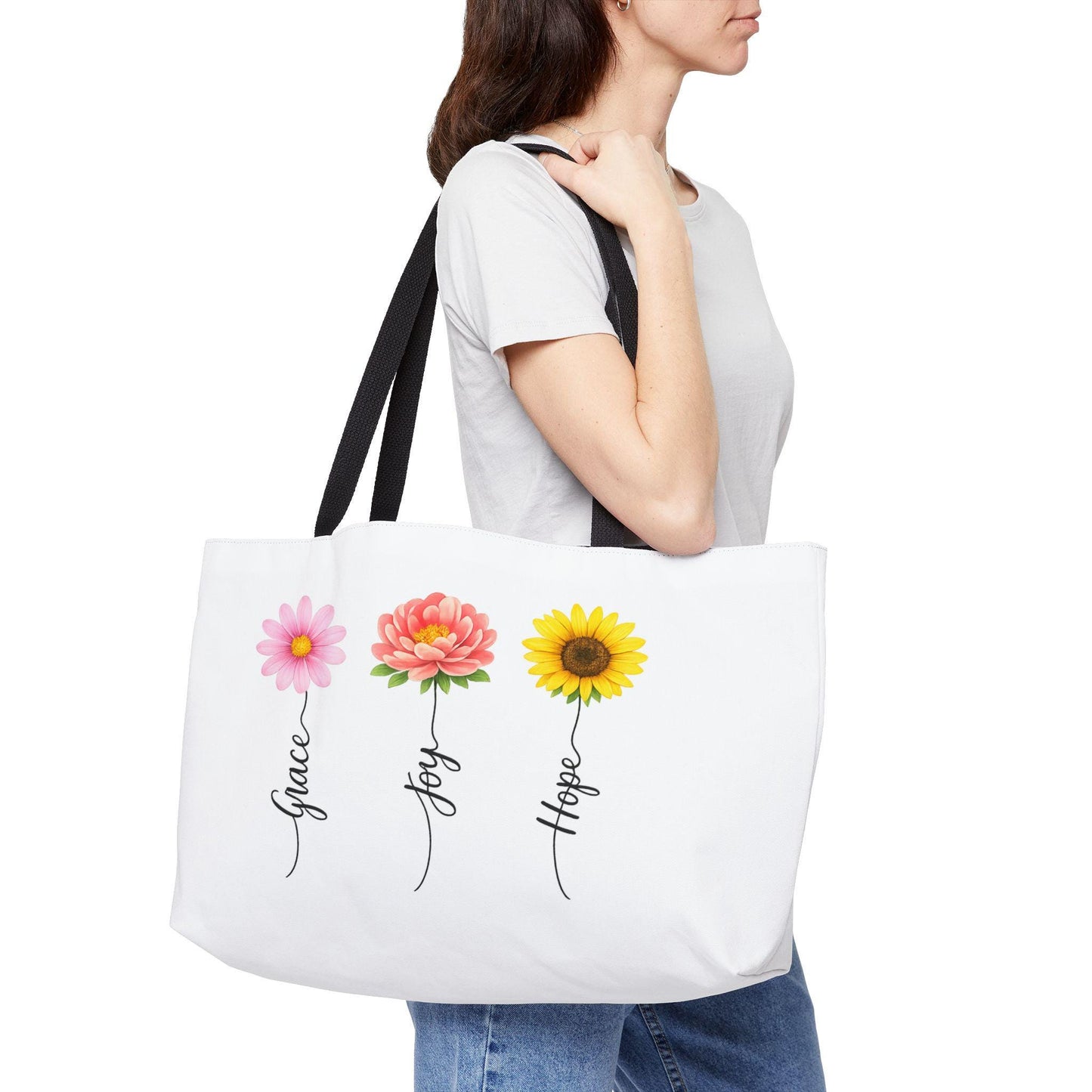 Grace Joy Hope floral trio Weekender Tote Bag | flower stems script