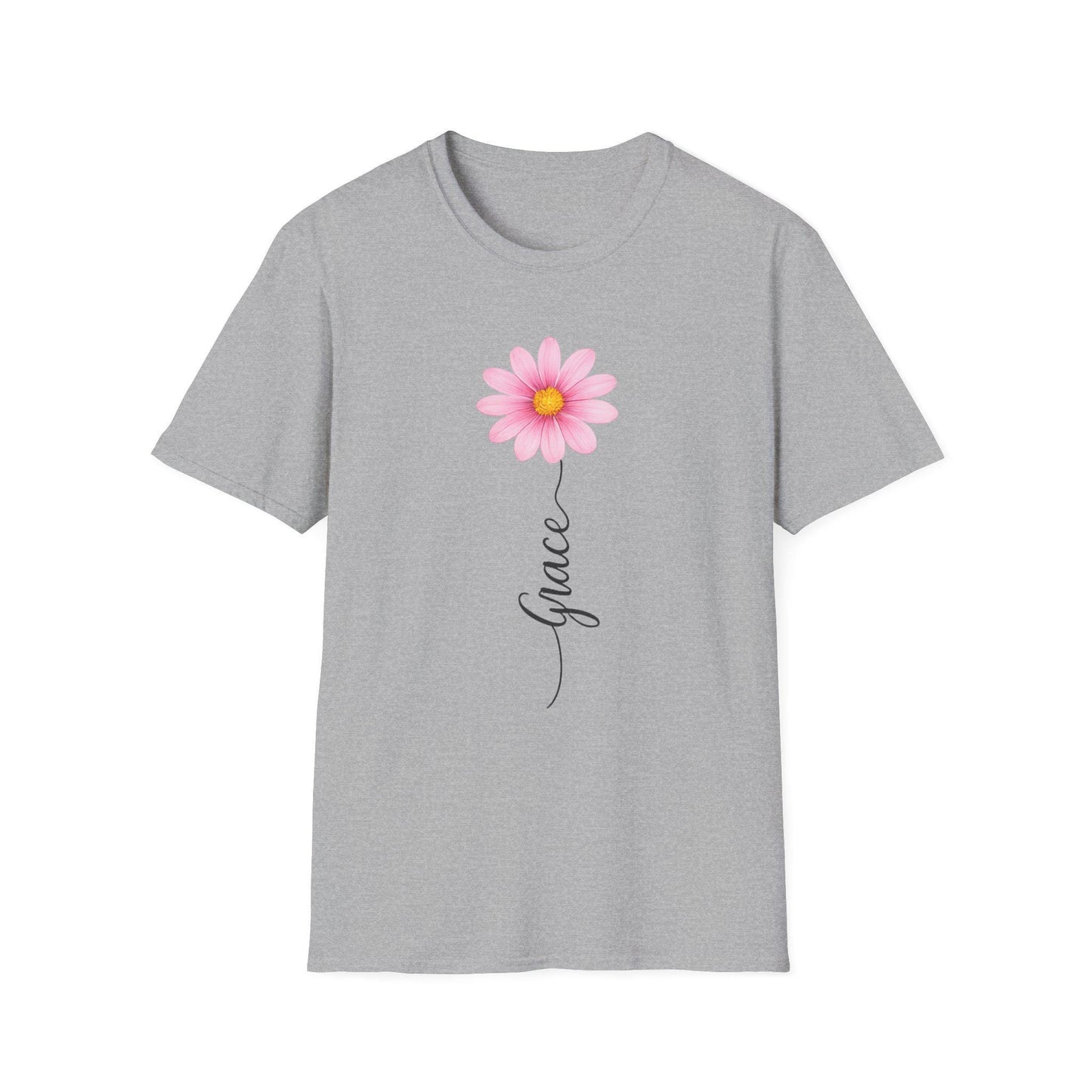 Pink Daisy with "Grace" script T-Shirt | Floral Name Typography Tee