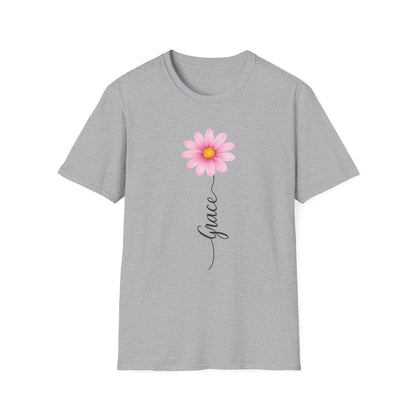 Pink Daisy with "Grace" script T-Shirt | Floral Name Typography Tee