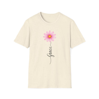 Pink Daisy with "Grace" script T-Shirt | Floral Name Typography Tee