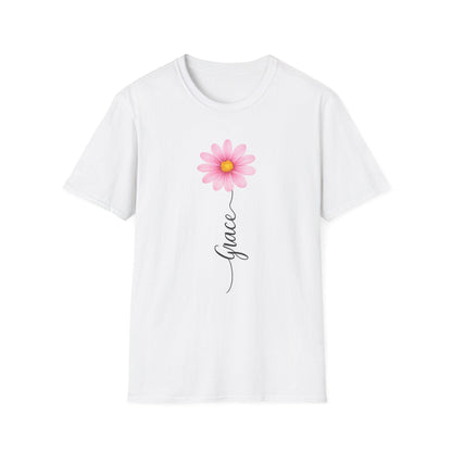 Pink Daisy with "Grace" script T-Shirt | Floral Name Typography Tee