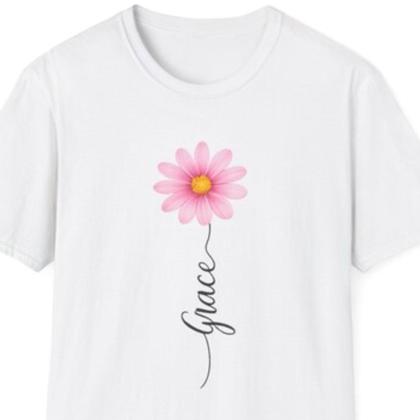 Pink Daisy with "Grace" script T-Shirt | Floral Name Typography Tee