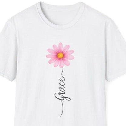 Pink Daisy with "Grace" script T-Shirt | Floral Name Typography Tee