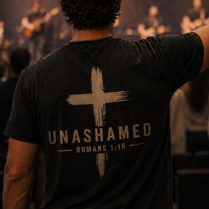 Unashamed cross design T-Shirt | Christian faith scripture Romans 1:16