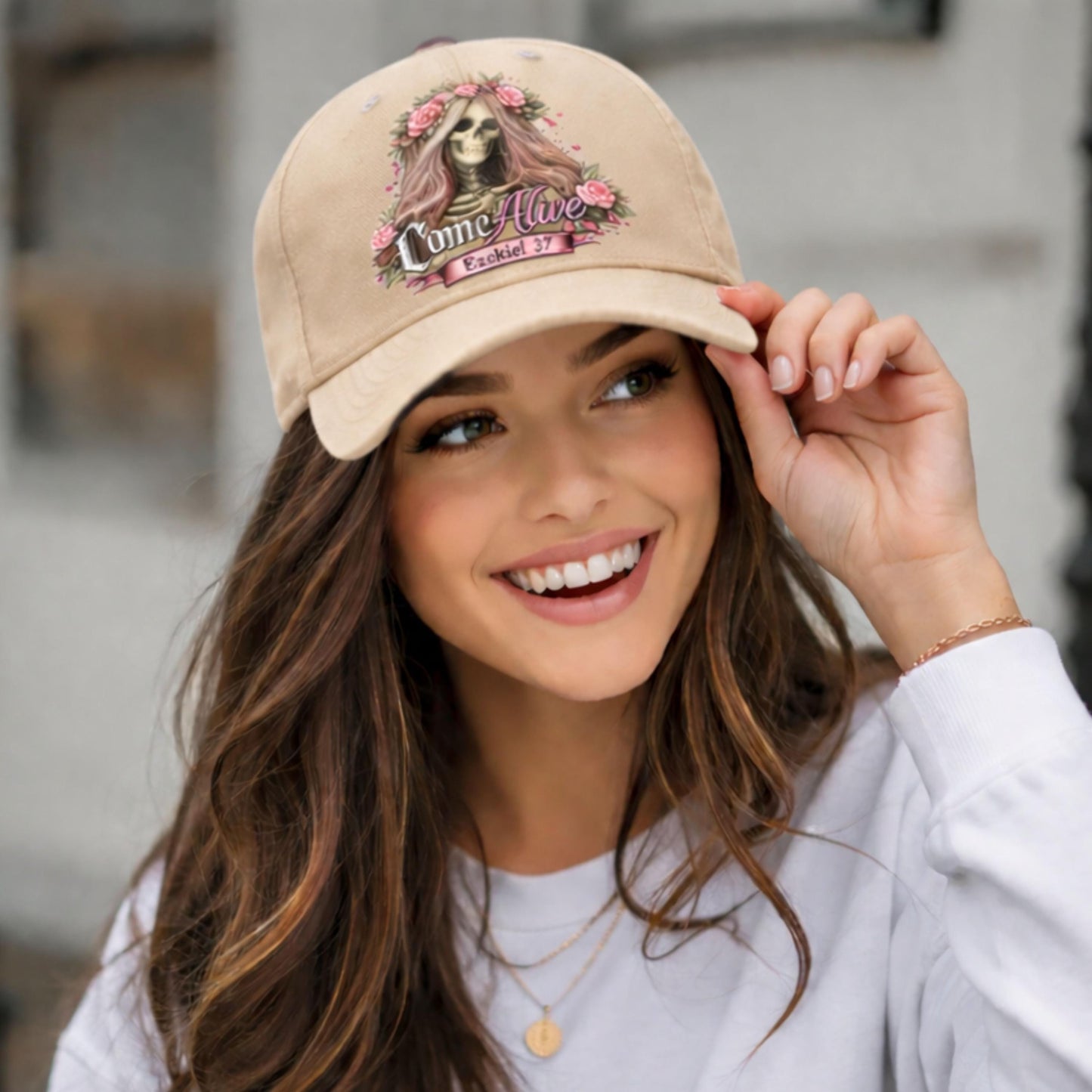Skull with Flower Crown Baseball Cap | Come Alive script logo