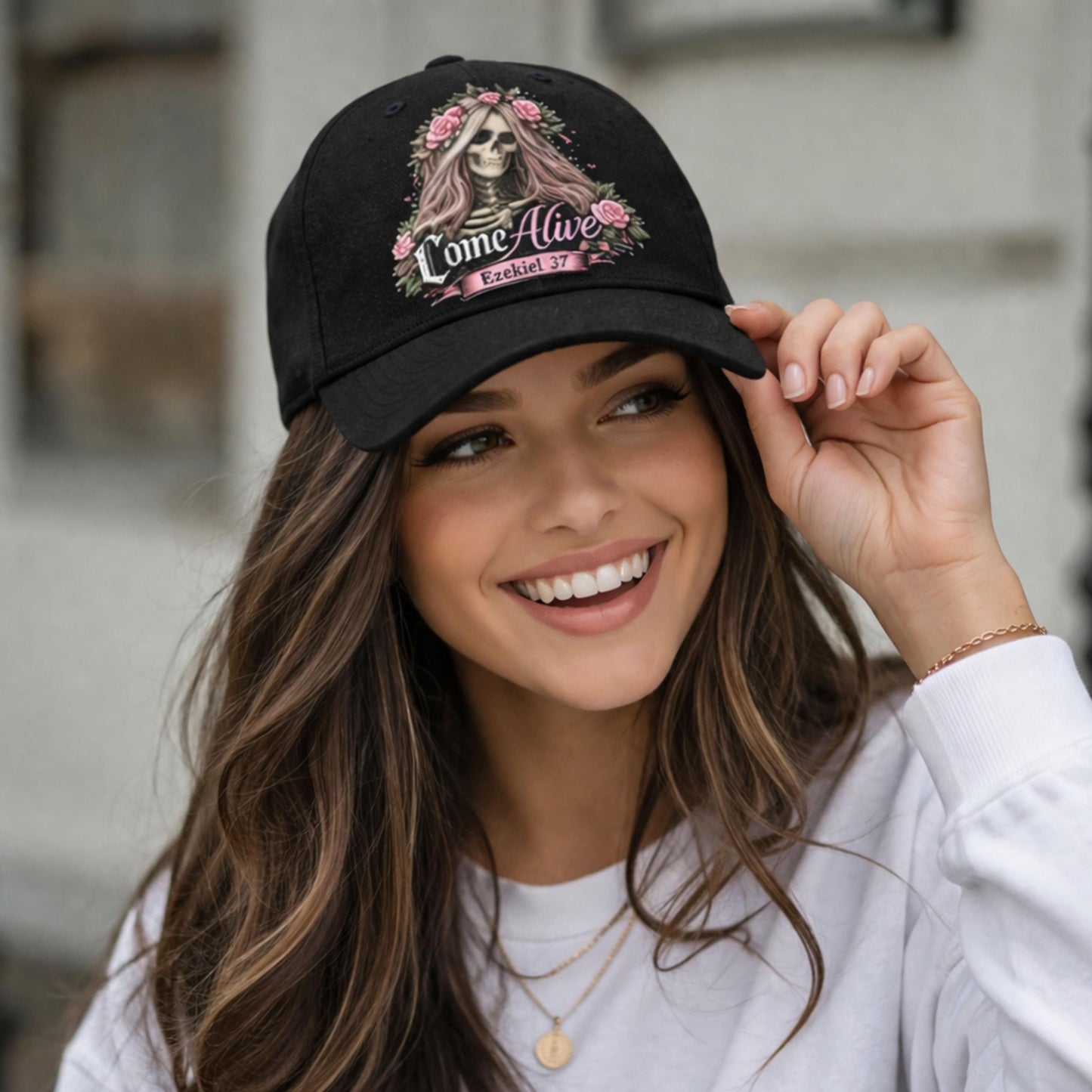 Skull with Flower Crown Baseball Cap | Come Alive script logo