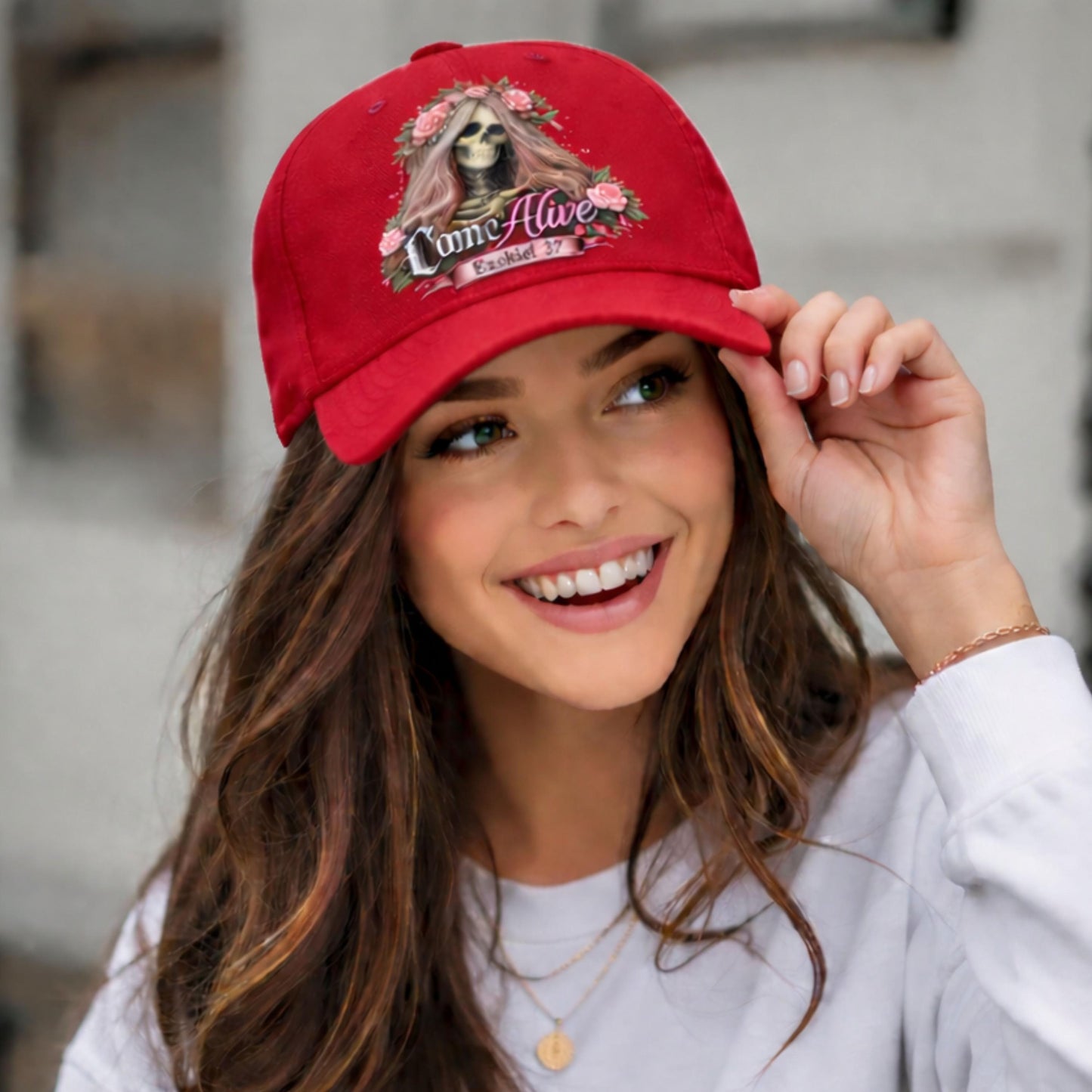 Skull with Flower Crown Baseball Cap | Come Alive script logo