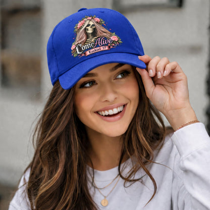 Skull with Flower Crown Baseball Cap | Come Alive script logo