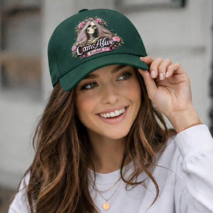 Skull with Flower Crown Baseball Cap | Come Alive script logo