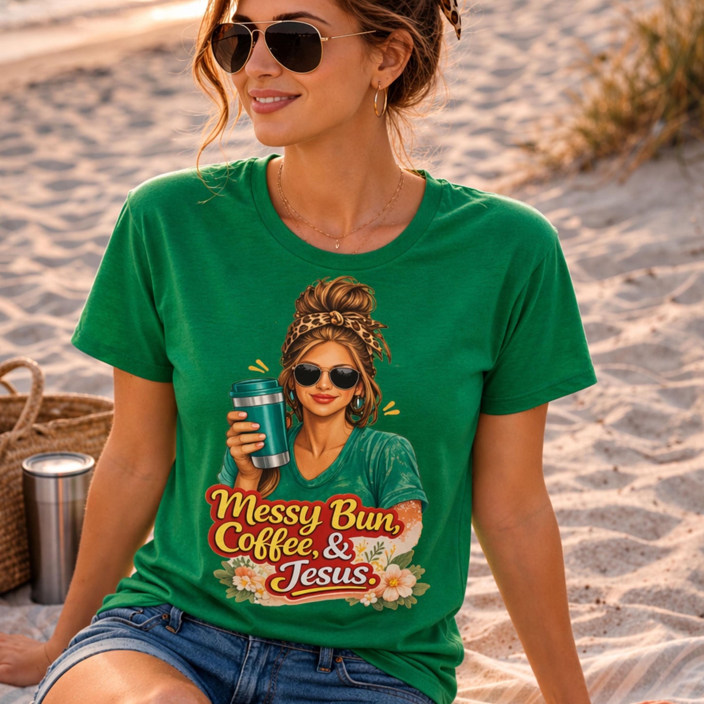 Messy Bun Coffee & Jesus T-Shirt | Christian Coffee Tee, Woman with Sunglasses Graphic