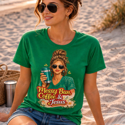 Messy Bun Coffee & Jesus T-Shirt | Christian Coffee Tee, Woman with Sunglasses Graphic