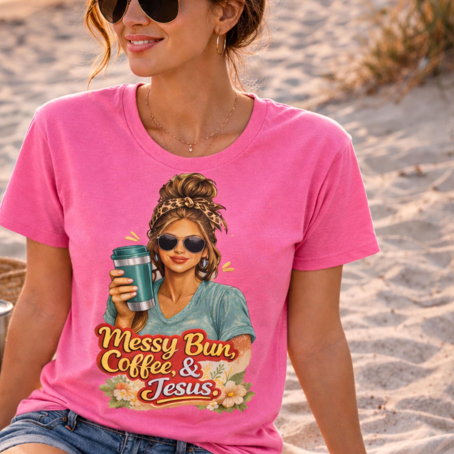 Messy Bun Coffee & Jesus T-Shirt | Christian Coffee Tee, Woman with Sunglasses Graphic
