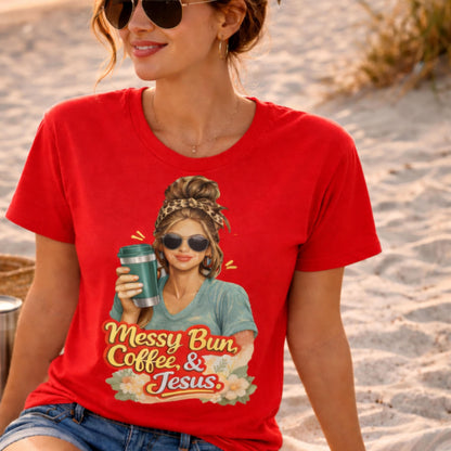 Messy Bun Coffee & Jesus T-Shirt | Christian Coffee Tee, Woman with Sunglasses Graphic