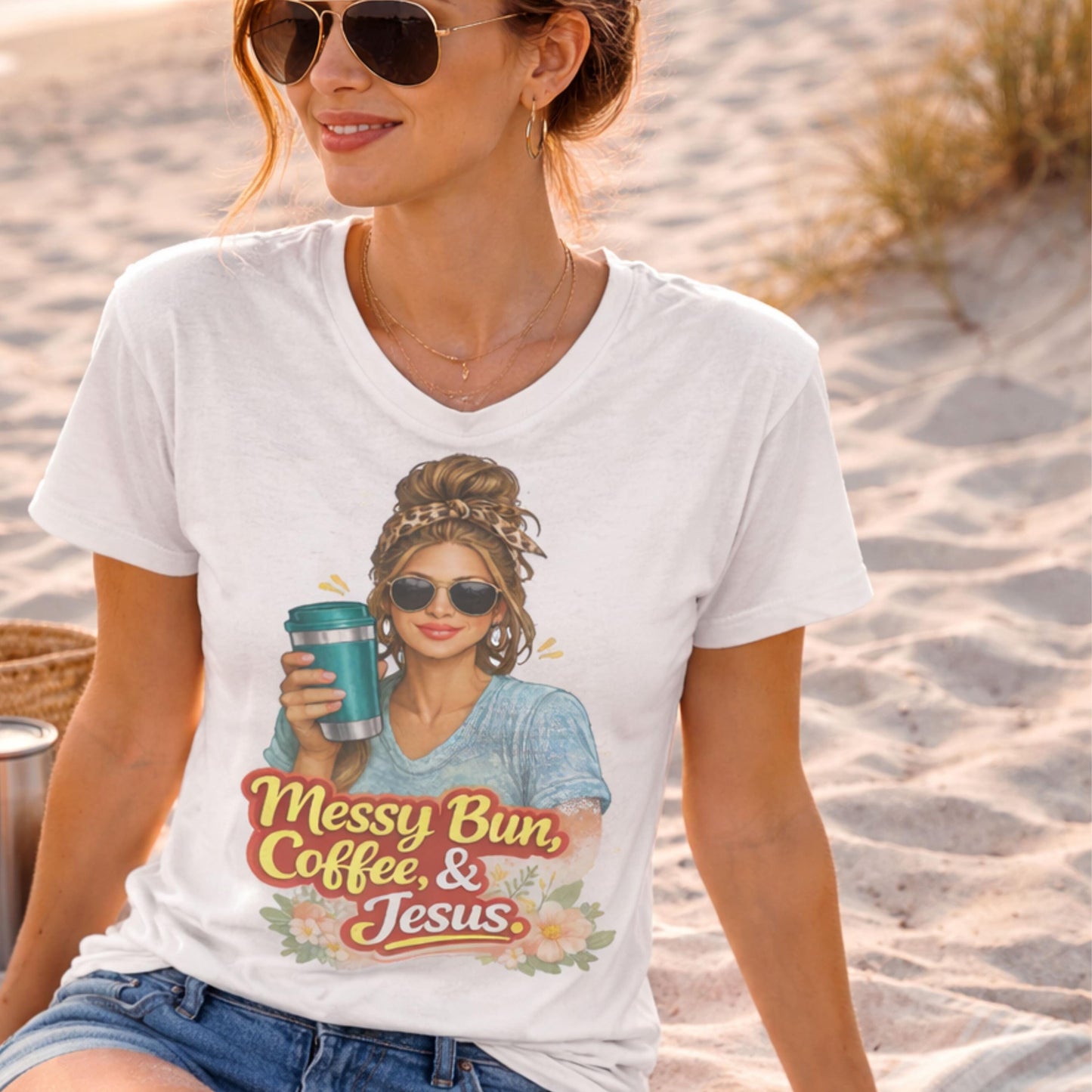 Messy Bun Coffee & Jesus T-Shirt | Christian Coffee Tee, Woman with Sunglasses Graphic