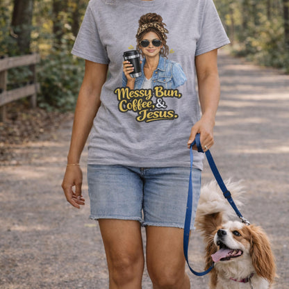 Messy Bun Coffee & Jesus V-Neck Tee | Christian Faith Graphic Shirt