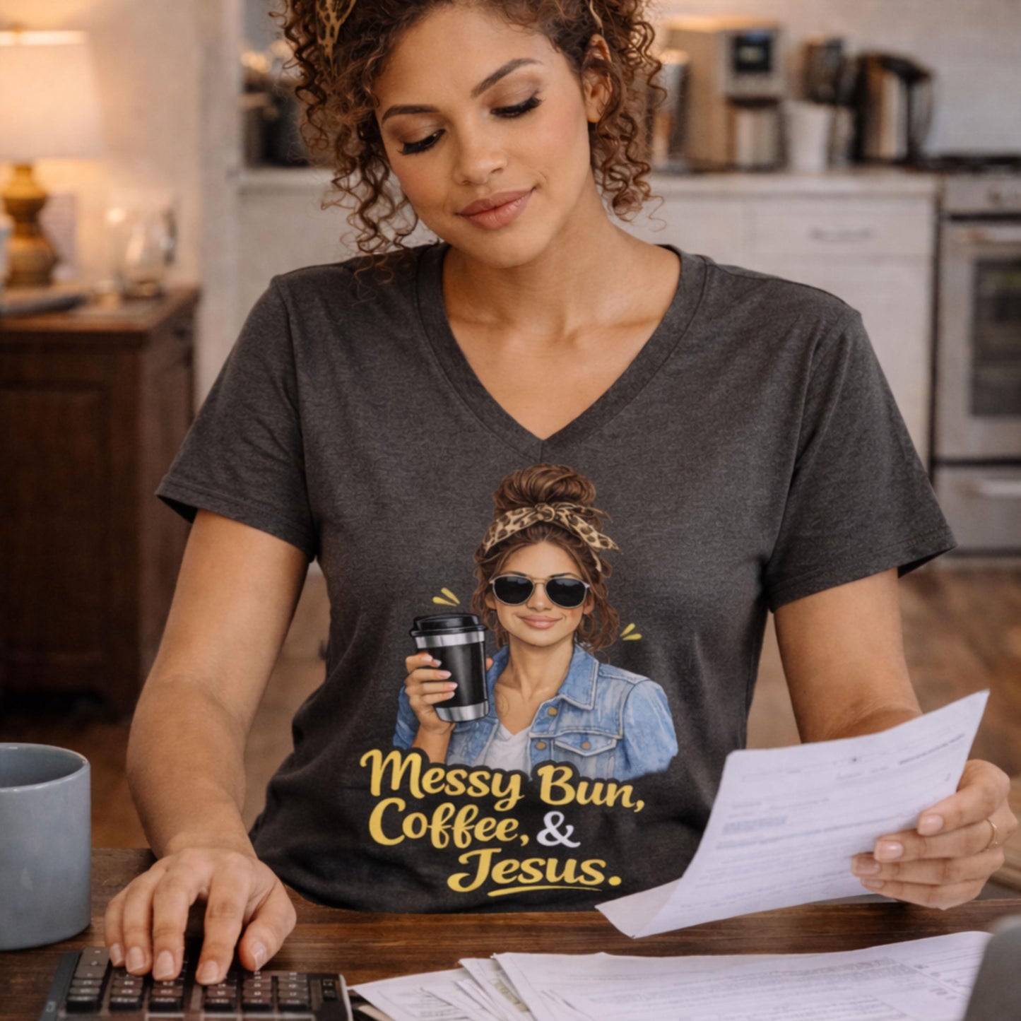 Messy Bun Coffee & Jesus V-Neck Tee | Christian Faith Graphic Shirt