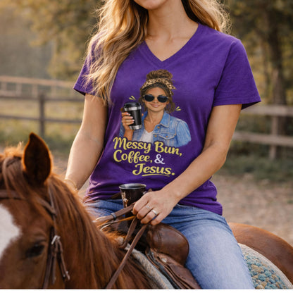 Messy Bun Coffee & Jesus V-Neck Tee | Christian Faith Graphic Shirt