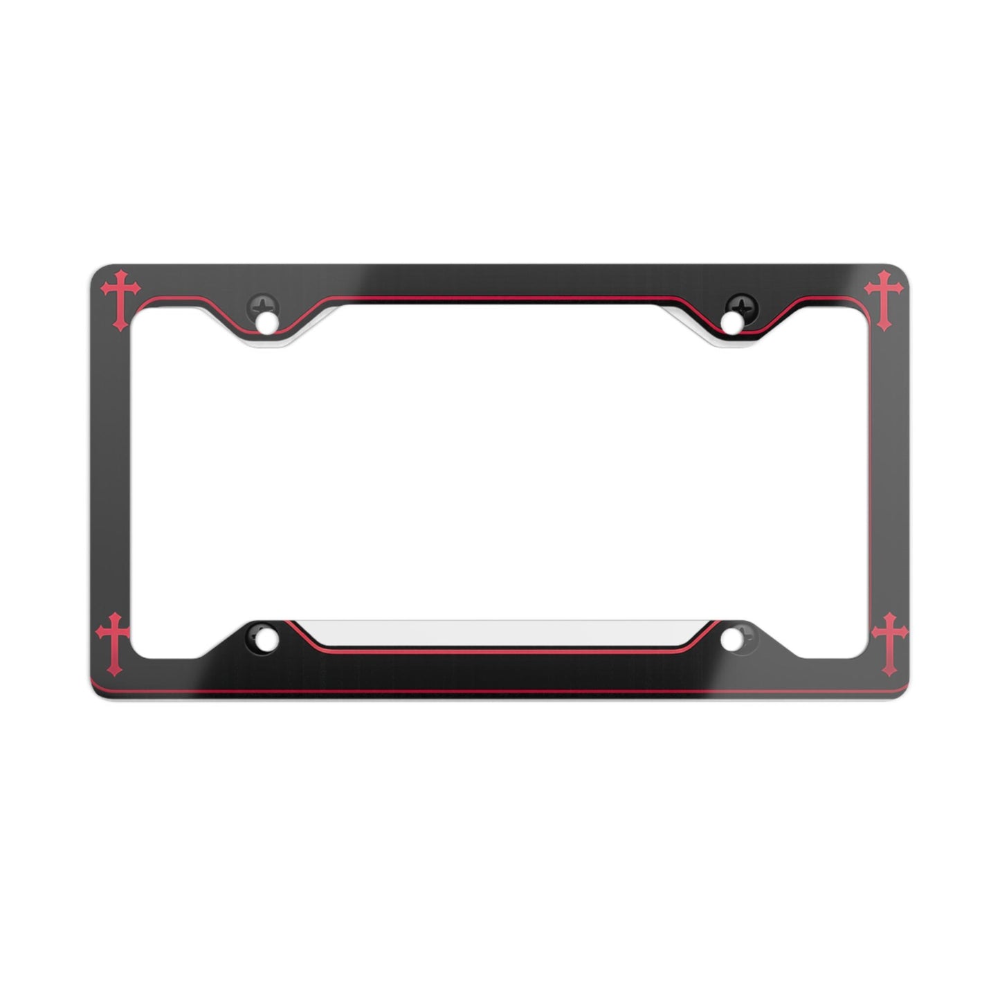 Black Metal License Plate Frame with Red Corner Crosses | Religious Car Frame