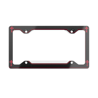 Black Metal License Plate Frame with Red Corner Crosses | Religious Car Frame