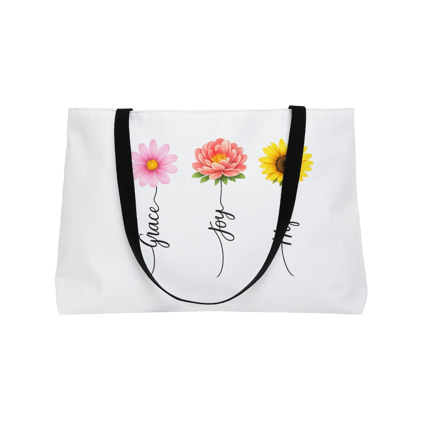 Grace Joy Hope floral trio Weekender Tote Bag | flower stems script
