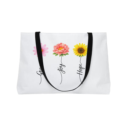 Grace Joy Hope floral trio Weekender Tote Bag | flower stems script