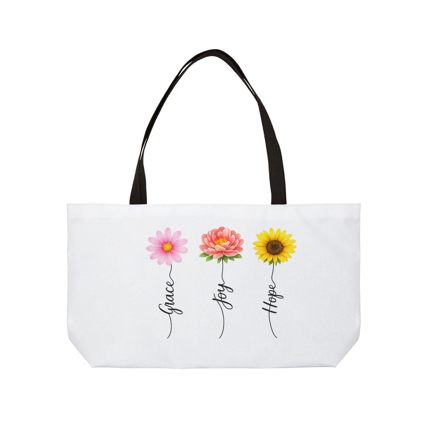 Grace Joy Hope floral trio Weekender Tote Bag | flower stems script