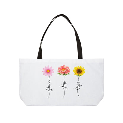 Grace Joy Hope floral trio Weekender Tote Bag | flower stems script