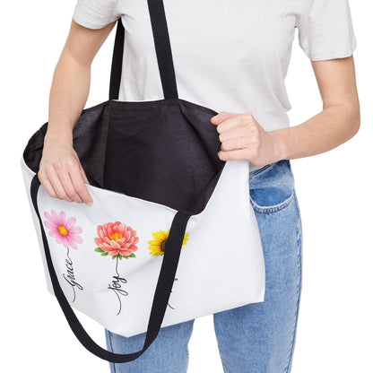 Grace Joy Hope floral trio Weekender Tote Bag | flower stems script