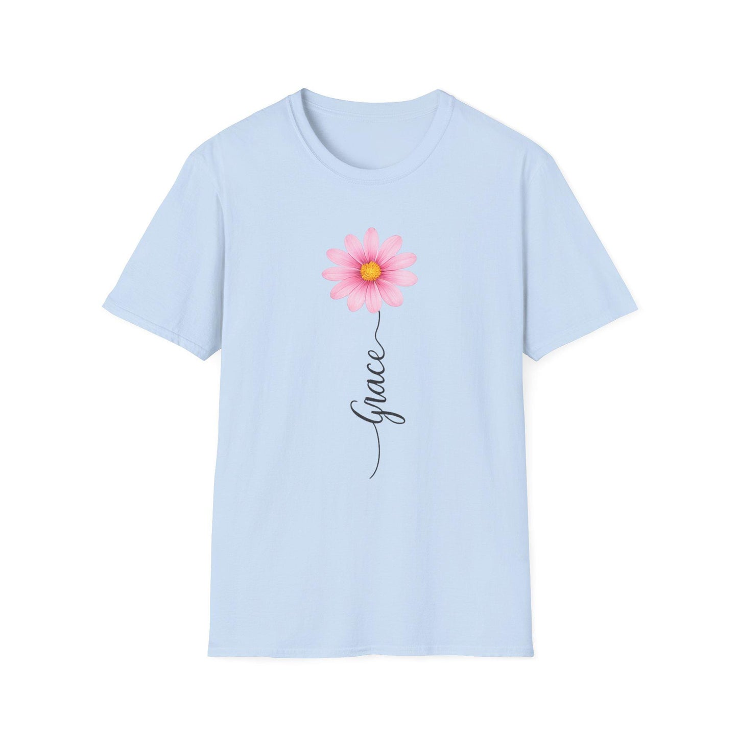Pink Daisy with "Grace" script T-Shirt | Floral Name Typography Tee